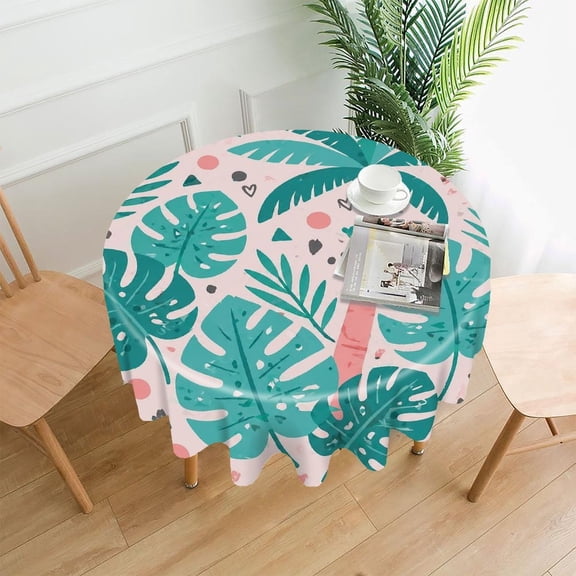 GooTPa 60 Inch Round Tablecloth, Tropical Palm Tree Leaf Geometric Pattern Premium Polyester Straight Edge Wrinkle Resistant Washable Table Cover for Home Dining Party Decor