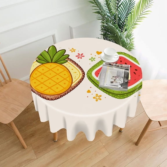 GooTPa 60 Inch Round Tablecloth, Tropical Pineapple Watermelon Illustration Premium Polyester Straight Edge Wrinkle Resistant Washable Table Cover for Home Dining Party Decor