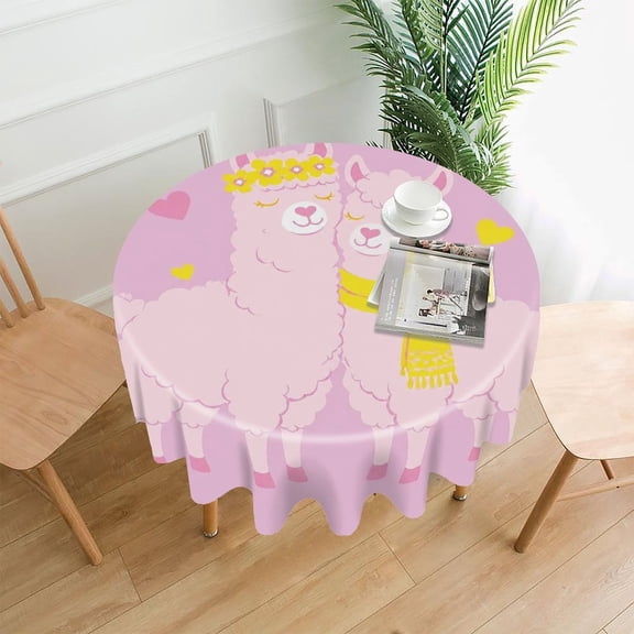 GooTPa 60 Inch Round Tablecloth, Two Llamas With Flower Crown Premium Polyester Straight Edge Wrinkle Resistant Washable Table Cover for Home Dining Party Decor