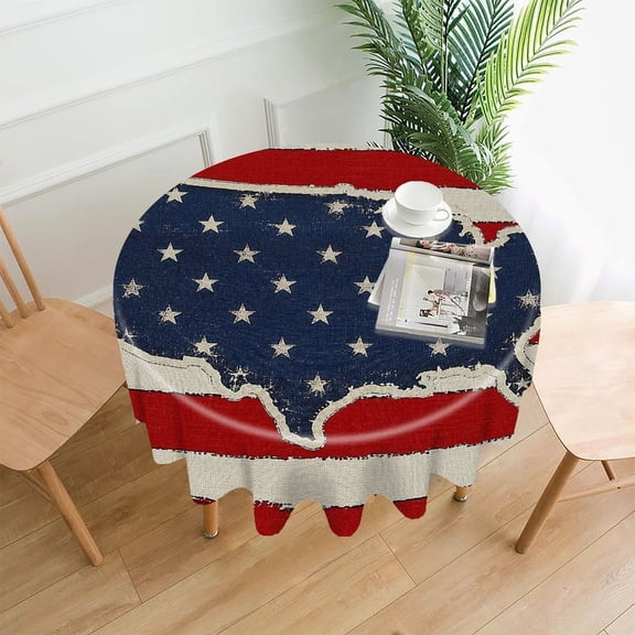 GooTPa 60 Inch Round Tablecloth, USA Map Stars Blue Field Red Stripe Premium Polyester Straight Edge Wrinkle Resistant Washable Table Cover for Home Dining Party Decor