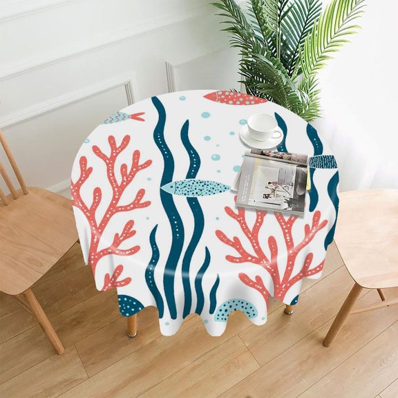 GooTPa 60 Inch Round Tablecloth,Underwater Coral Garden With Fish Premium Polyester Straight Edge Wrinkle Resistant Washable Table Cover for Home Dining Party Decor