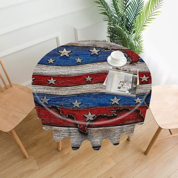 GooTPa 60 Inch Round Tablecloth, Usa Map Carved Wooden Flag Art Premium Polyester Straight Edge Wrinkle Resistant Washable Table Cover for Home Dining Party Decor