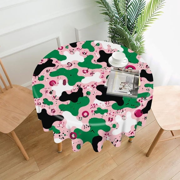GooTPa 60 Inch Round Tablecloth, Vibrant Green Pink Paint Splatter Premium Polyester Straight Edge Wrinkle Resistant Washable Table Cover for Home Dining Party Decor