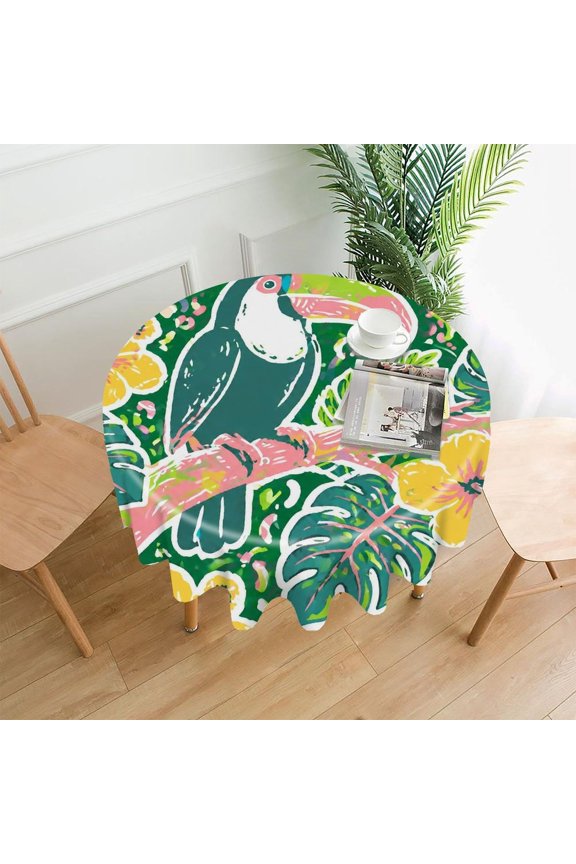 60 Inch Round Tablecloth, Vibrant Toucan In Tropical Jungle Premium Polyester Straight Edge Wrinkle Resistant Washable Table Cover for Home Dining Party Decor