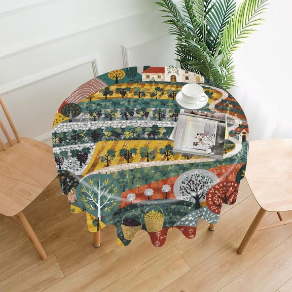 GooTPa 60 Inch Round Tablecloth, Vineyard Hills Landscape Illustration Premium Polyester Straight Edge Wrinkle Resistant Washable Table Cover for Home Dining Party Decor