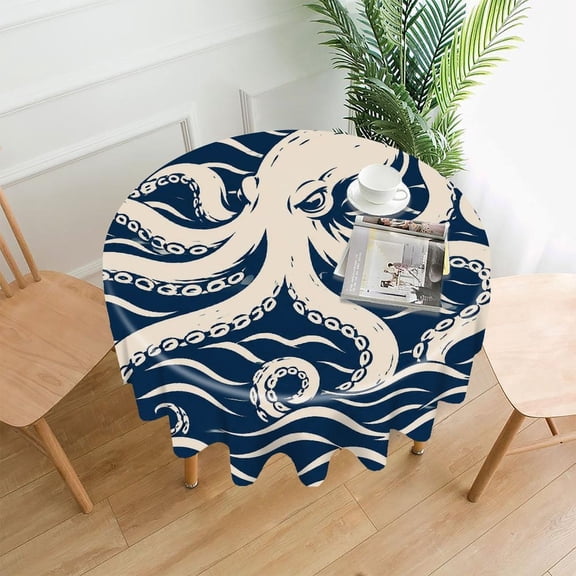 GooTPa 60 Inch Round Tablecloth,Vintage Octopus Navy Waves.png Premium Polyester Straight Edge Wrinkle Resistant Washable Table Cover for Home Dining Party Decor