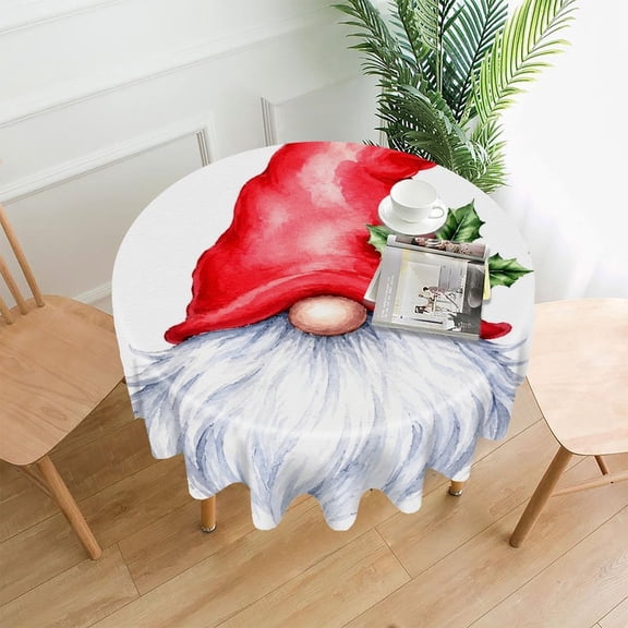 GooTPa 60 Inch Round Tablecloth, Watercolor Christmas Gnome With Holly Premium Polyester Straight Edge Wrinkle Resistant Washable Table Cover for Home Dining Party Decor