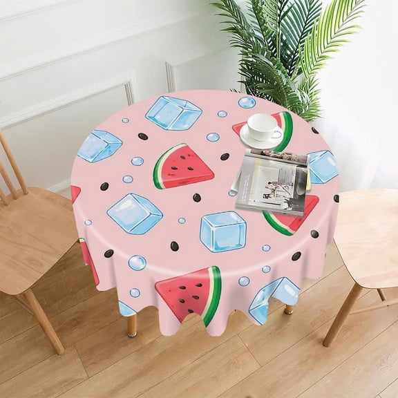 GooTPa 60 Inch Round Tablecloth, Watermelon Ice Cubes Pattern Premium Polyester Straight Edge Wrinkle Resistant Washable Table Cover for Home Dining Party Decor