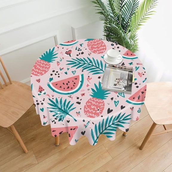 GooTPa 60 Inch Round Tablecloth, Watermelon Pineapple Tropical Heart Pattern Premium Polyester Straight Edge Wrinkle Resistant Washable Table Cover for Home Dining Party Decor