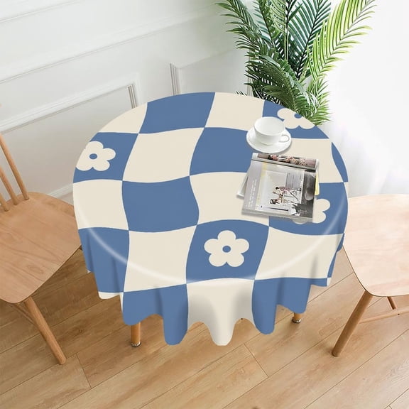 GooTPa 60 Inch Round Tablecloth, Wavy Blue Flower Checkered Pattern Premium Polyester Straight Edge Wrinkle Resistant Washable Table Cover for Home Dining Party Decor