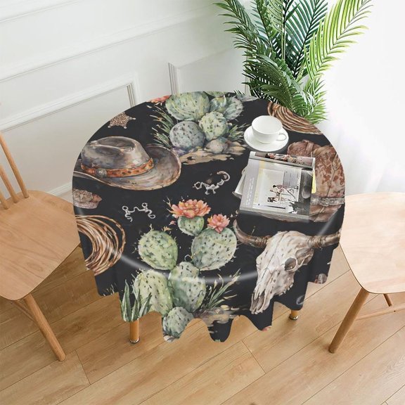 GooTPa 60 Inch Round Tablecloth,Western Elements Pattern On Black Premium Polyester Straight Edge Wrinkle Resistant Washable Table Cover for Home Dining Party Decor