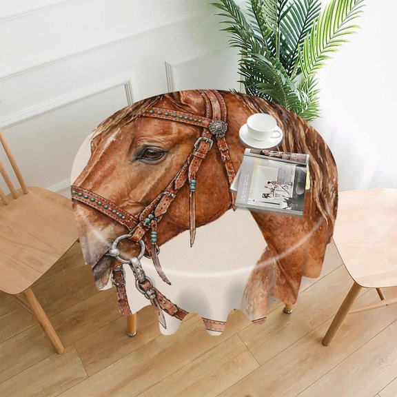 GooTPa 60 Inch Round Tablecloth,Western Horse With Turquoise Bridle Premium Polyester Straight Edge Wrinkle Resistant Washable Table Cover for Home Dining Party Decor