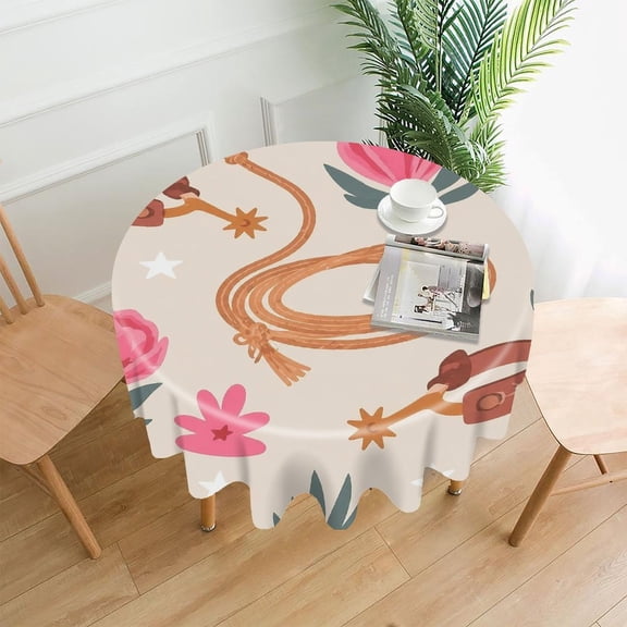 GooTPa 60 Inch Round Tablecloth,Western Lasso And Spurs Pattern Premium Polyester Straight Edge Wrinkle Resistant Washable Table Cover for Home Dining Party Decor