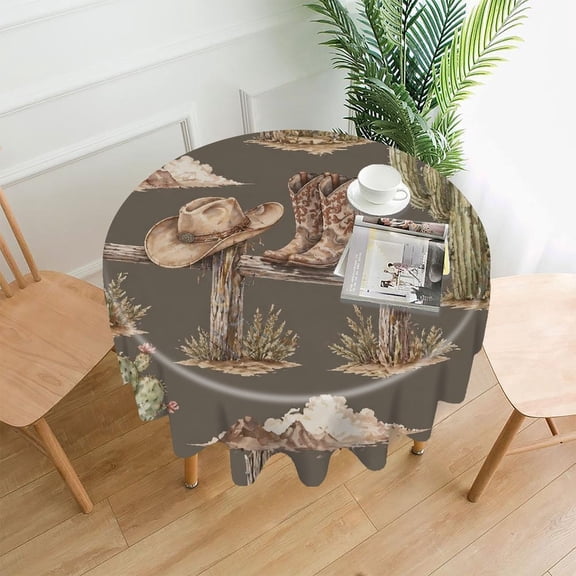 GooTPa 60 Inch Round Tablecloth,Western Pattern With Boots And Cactus Premium Polyester Straight Edge Wrinkle Resistant Washable Table Cover for Home Dining Party Decor