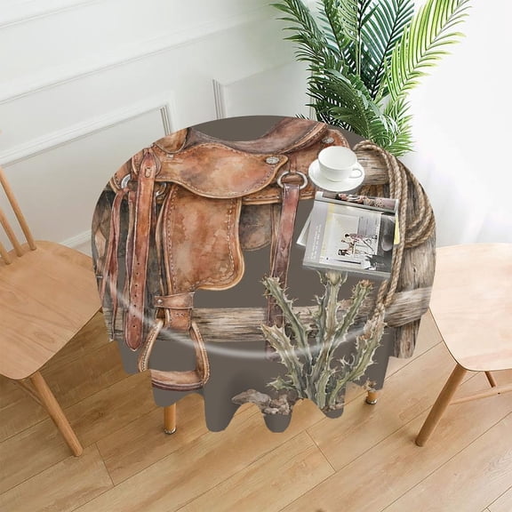 GooTPa 60 Inch Round Tablecloth,Western Saddle On Fence Premium Polyester Straight Edge Wrinkle Resistant Washable Table Cover for Home Dining Party Decor