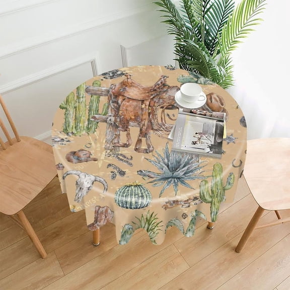 GooTPa 60 Inch Round Tablecloth,Western Saddle Pattern On Tan Premium Polyester Straight Edge Wrinkle Resistant Washable Table Cover for Home Dining Party Decor