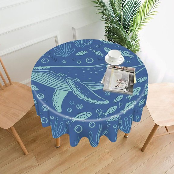GooTPa 60 Inch Round Tablecloth,Whale And Fish Underwater Pattern Premium Polyester Straight Edge Wrinkle Resistant Washable Table Cover for Home Dining Party Decor