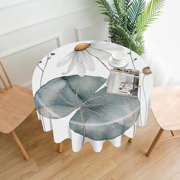 GooTPa 60 Inch Round Tablecloth, White Daisy And Lily Pad Premium Polyester Straight Edge Wrinkle Resistant Washable Table Cover for Home Dining Party Decor