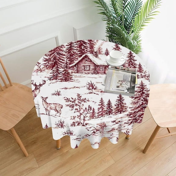 GooTPa 60 Inch Round Tablecloth,Winter Cabin With Deer Toile Premium Polyester Straight Edge Wrinkle Resistant Washable Table Cover for Home Dining Party Decor