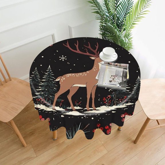 GooTPa 60 Inch Round Tablecloth,Winter Deer With Berry Frame Premium Polyester Straight Edge Wrinkle Resistant Washable Table Cover for Home Dining Party Decor