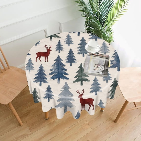 GooTPa 60 Inch Round Tablecloth, Winter Forest Deer Watercolor Premium Polyester Straight Edge Wrinkle Resistant Washable Table Cover for Home Dining Party Decor
