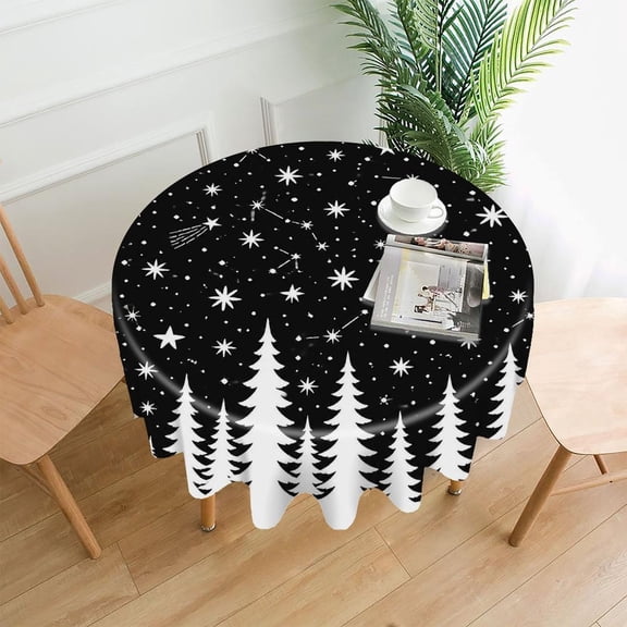 GooTPa 60 Inch Round Tablecloth, Winter Forest Shooting Stars Premium Polyester Straight Edge Wrinkle Resistant Washable Table Cover for Home Dining Party Decor