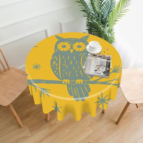 GooTPa 60 Inch Round Tablecloth, Winter Owl Branch Stars Pattern Premium Polyester Straight Edge Wrinkle Resistant Washable Table Cover for Home Dining Party Decor