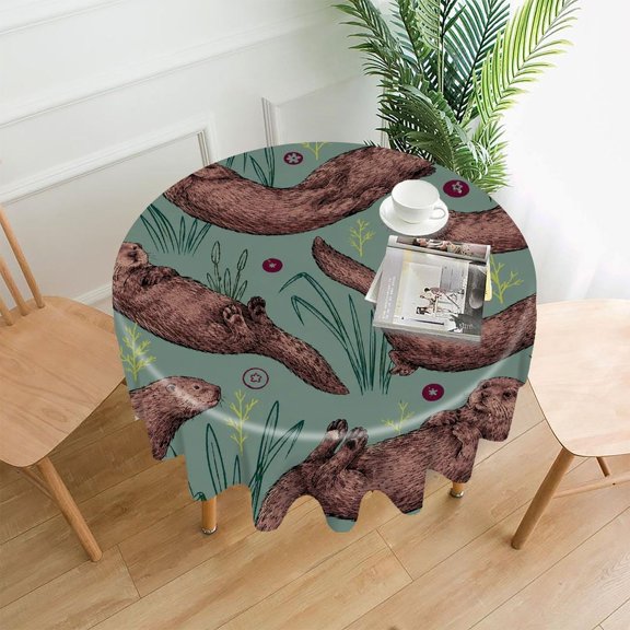 GooTPa 60 Inch Round Tablecloth, Woodland Otter Reed Pattern Premium Polyester Straight Edge Wrinkle Resistant Washable Table Cover for Home Dining Party Decor