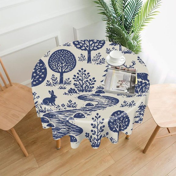 GooTPa 60 Inch Round Tablecloth, Woodland Stream With Deer And Rabbit Premium Polyester Straight Edge Wrinkle Resistant Washable Table Cover for Home Dining Party Decor