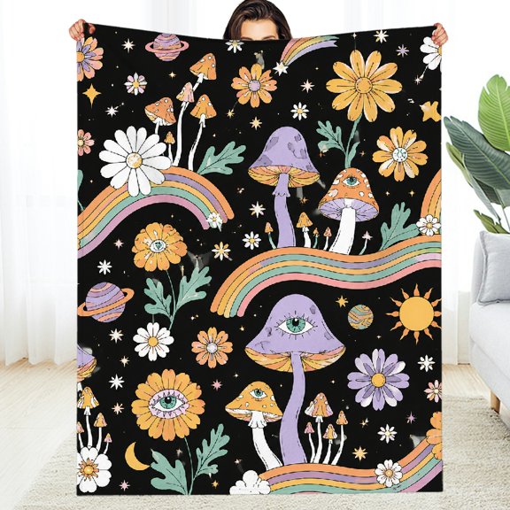GooTPa  All-Season Blanket , Retro Mushroom Rainbow Pattern Soft Flannel Fleece Blanket - Allergy Napping Soft Throw for Couch, Travel, Camping