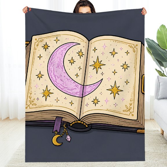 GooTPa All-Season Blanket , Spell Book Moon Stars Open Magic Cute Cartoon Decorative Blanket - Warm Cozy Soft Throw for Couch, Travel, Camping