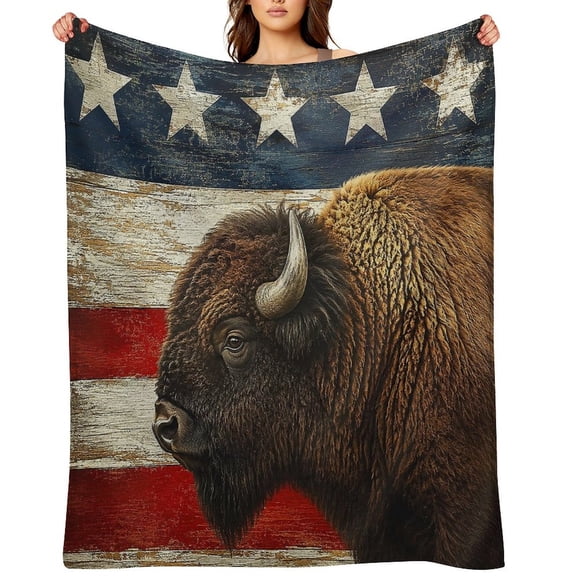 GooTPa American Bison Rustic Wood Flag Portrait Soft Flannel Throw Blanket, Lightweight Fuzzy Warm Cozy Blanket for Couch Bed Home Travel Decor