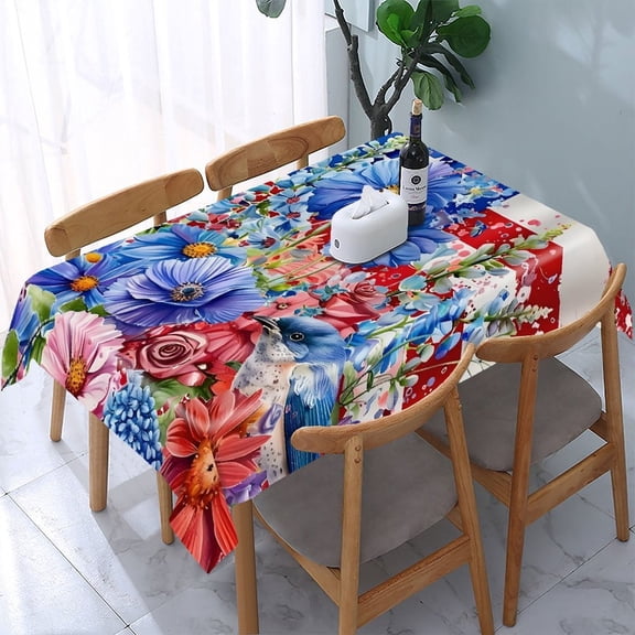 GooTPa American Flag Blue Bird Floral Rectangle Dining Tablecloth, Polyester Tablecloths Rectangle Dining Tablecloth, Ideal for Kitchen Picnic Party