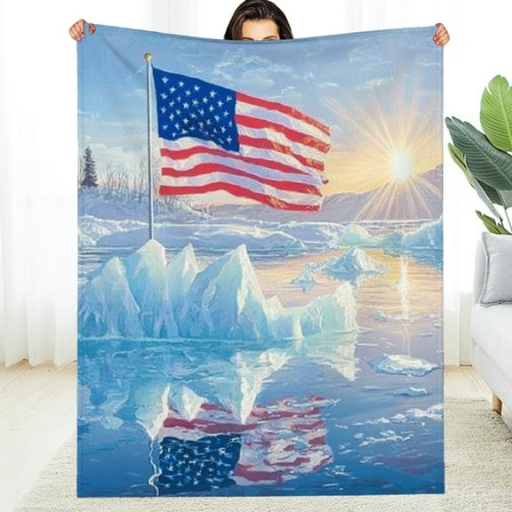 GooTPa American Flag in Glacier Flannel Blanket, Durable Soft and Warm Flannel Blanket for Bed Sofa Travel and Camping Multi-purpose Gift for Family and Friends - 30*40in