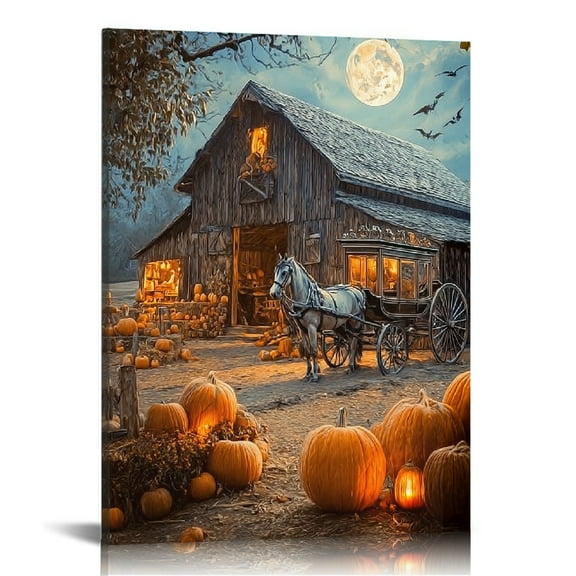 GooTPa Autumn Barn with Pumpkins, Crows and Horses Under Full Moon Canvas Wall Art, Canvas Prints Wall Art for Living Room Bathroom Bedroom Office, Art Print Painting for Home Decorations - 16x20in