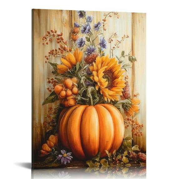GooTPa Autumn Canvas Wall Art, Pumpkin and Sunflower Canvas Prints Wall Art for Living Room Bathroom Bedroom Office, Art Print Painting for Home Decorations - 16x20in