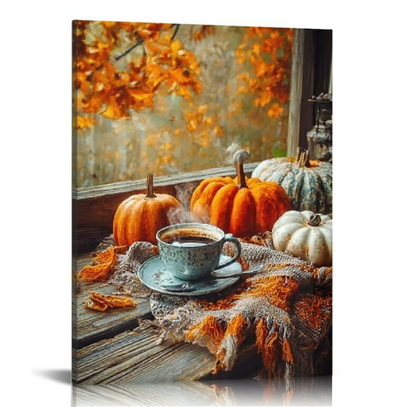 GooTPa Autumn Scenery with Pumpkins, Blanket, Coffee Cup Canvas Wall Art, Canvas Prints Wall Art for Living Room Bathroom Bedroom Office, Art Print Painting for Home Decorations - 12x16in