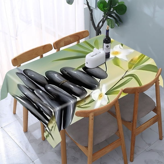 GooTPa Bamboo White Flower Zen Stones Rectangle Dining Tablecloth, Polyester Tablecloths Rectangle Dining Tablecloth, Ideal for Kitchen Picnic Party