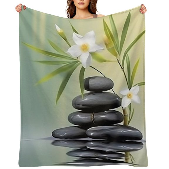 GooTPa Bamboo White Flower Zen Stones Soft Flannel Throw Blanket, Lightweight Fuzzy Warm Cozy Blanket for Couch Bed Home Travel Decor