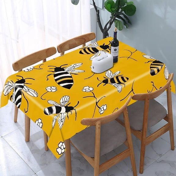 GooTPa Bee Floral Yellow Pattern Rectangle Dining Tablecloth, Polyester Tablecloths Rectangle Dining Tablecloth, Ideal for Kitchen Picnic Party