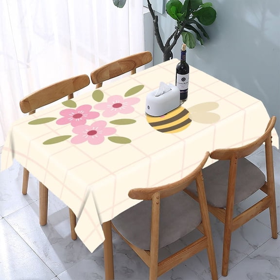 GooTPa Bee Pink Flowers Grid Rectangle Dining Tablecloth, Polyester Tablecloths Rectangle Dining Tablecloth, Ideal for Kitchen Picnic Party
