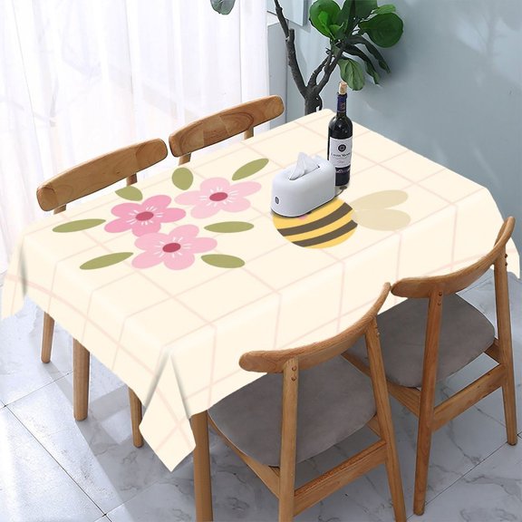 GooTPa Bee Pink Flowers Grid Rectangle Dining Tablecloth, Polyester Tablecloths Rectangle Dining Tablecloth, Ideal for Kitchen Picnic Party