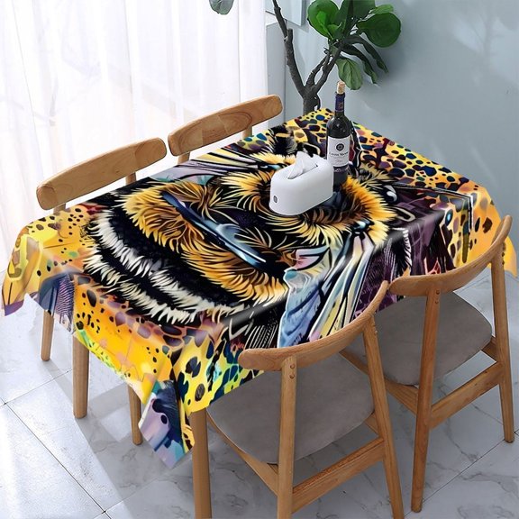 GooTPa Bee on Flower Pointillism Rectangle Dining Tablecloth, Polyester Tablecloths Rectangle Dining Tablecloth, Ideal for Kitchen Picnic Party