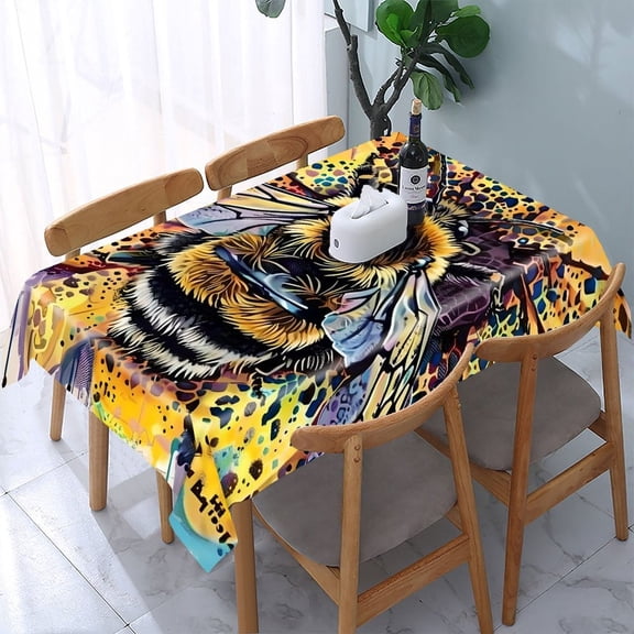 GooTPa Bee on Flower Pointillism Rectangle Dining Tablecloth, Polyester Tablecloths Rectangle Dining Tablecloth, Ideal for Kitchen Picnic Party