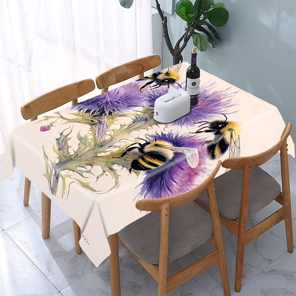 GooTPa Bees Thistle Blossom Group Rectangle Dining Tablecloth, Polyester Tablecloths Rectangle Dining Tablecloth, Ideal for Kitchen Picnic Party