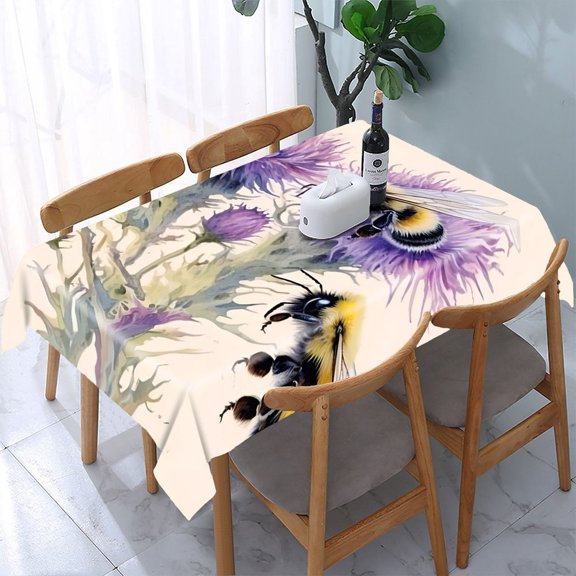 GooTPa Bees Thistle Floral Buds Rectangle Dining Tablecloth, Polyester Tablecloths Rectangle Dining Tablecloth, Ideal for Kitchen Picnic Party
