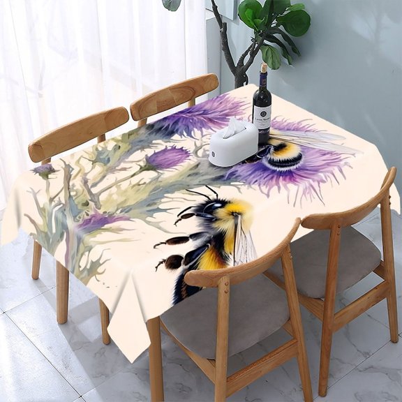 GooTPa Bees Thistle Floral Buds Rectangle Dining Tablecloth, Polyester Tablecloths Rectangle Dining Tablecloth, Ideal for Kitchen Picnic Party