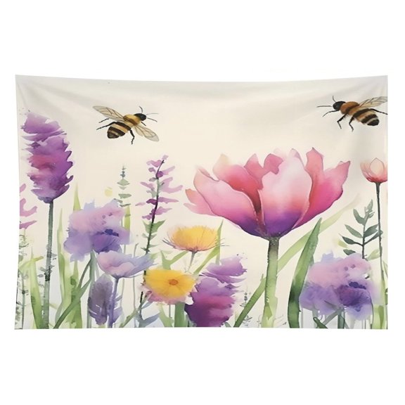 GooTPa Bees Tulips Watercolor Polyester Wall Tapestry Anti Wrinkle Art Hanging Decor for Bedroom Living Room Home Holiday Decoration Gift
