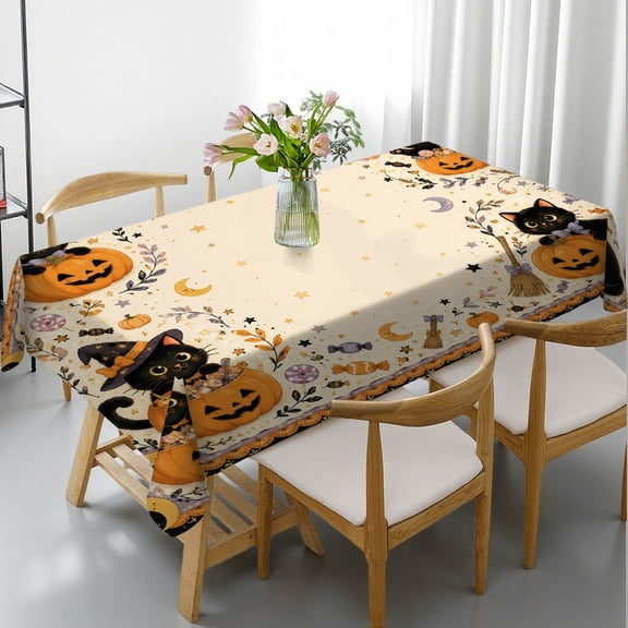 GooTPa Black Wizard Cat Pumpkin Night Rectangle Tablecloth, Machine-Made - 2D Flat Printing Rectangle Tablecloth, Ideal for Kitchen Picnic Party