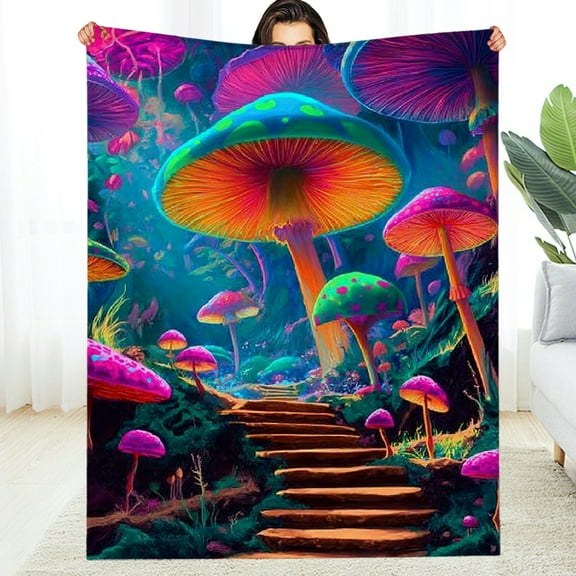 GooTPa Blacklight Mushroom Graphics Flannel Blanket, Durable Soft and Warm Flannel Blanket for Bed Sofa Travel and Camping Multi-purpose Gift for Family and Friends - 30*40in